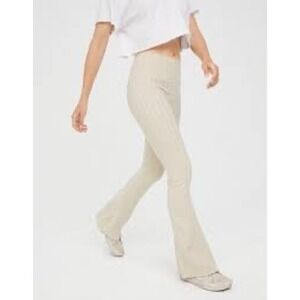 Aerie Ribbed Flare Pants Comfy Lounge High Waisted Casual Beige M‎